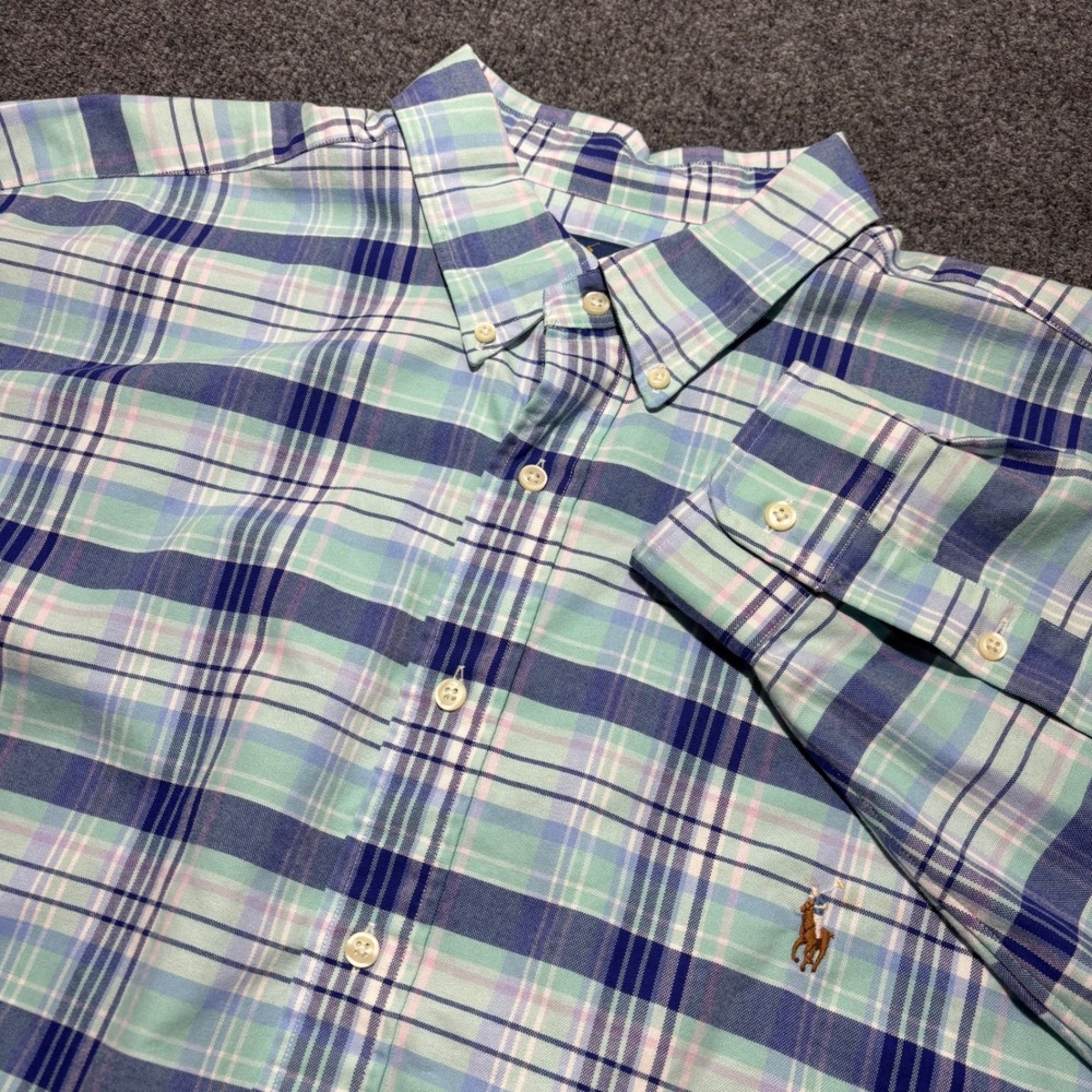 Ralph Lauren Mens 2XLT Plaid Button Down Shirt Mint Green Navy Blue Long Sleeve